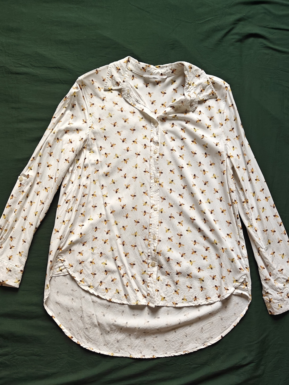 Jane + Delancey White Bee Print Collared Button-Up Woven Rayon Blouse Size S